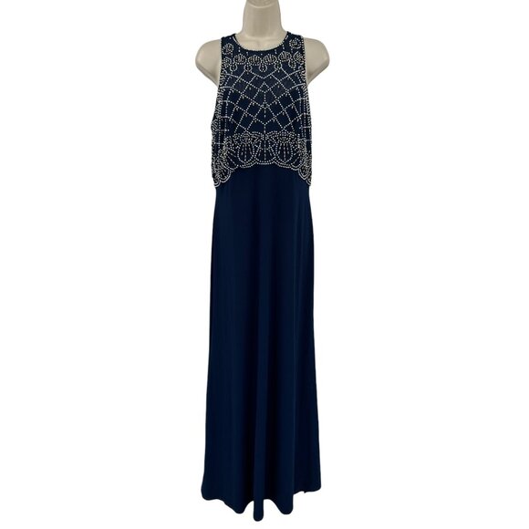 Cachet Navy Sleeveless Gown With Beaded Bodice Floor Length Prom Evening 12 - Picture 1 of 7